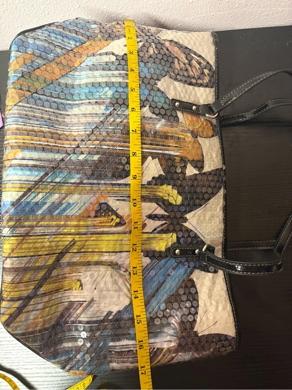 Nine West Butterfly Sequin Graphic Tote Bag Black Patent Shopper